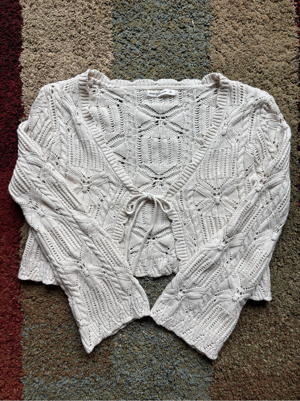 Moon & madison Tie Front Bell Sleeve Cropped Crochet Cardigan Sz M Cream